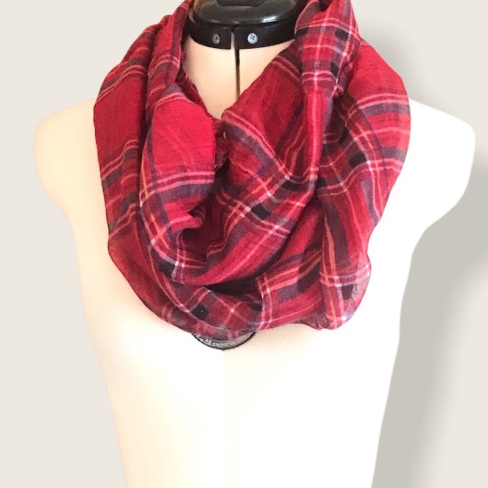 Sheer Infinity Scarf Red Plaid 35" x 121"